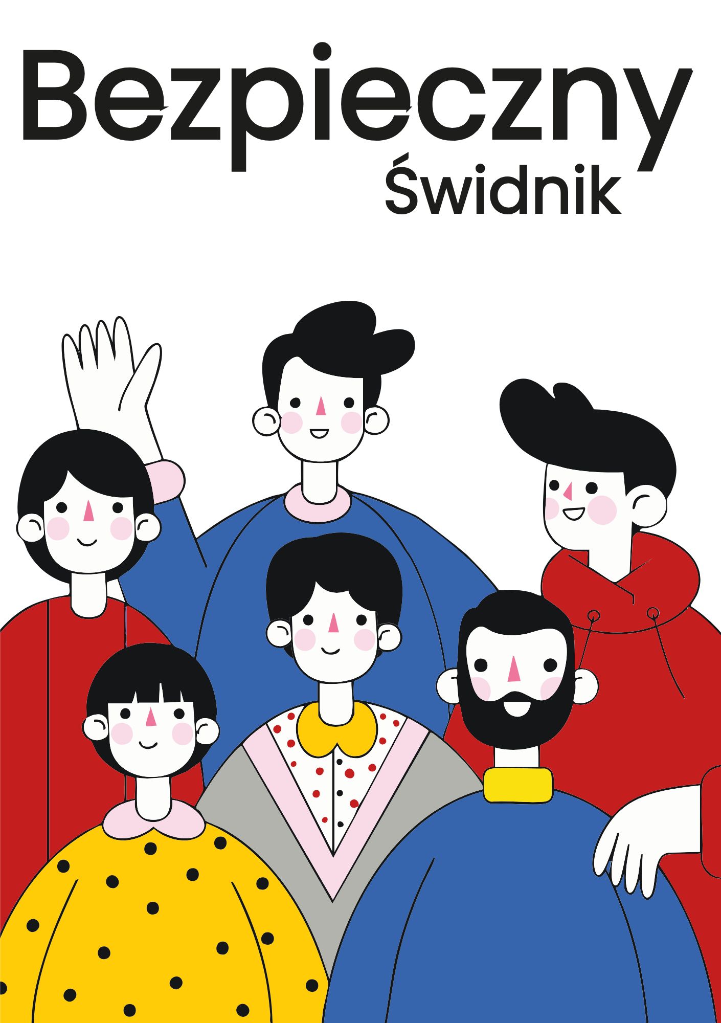 Pięć uśmiechniętych os&oacute;b w kolorowych ubraniach pod napisem &bdquo;Bezpieczny Świdnik&rdquo;